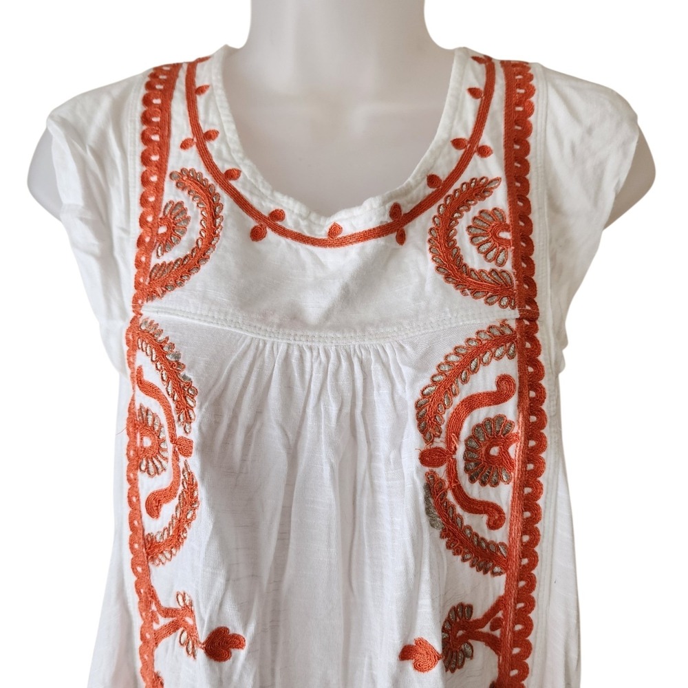 Free People Embroidered Boho Top Women's Large White Orange Tunic Blouse - Picture 2 of 12